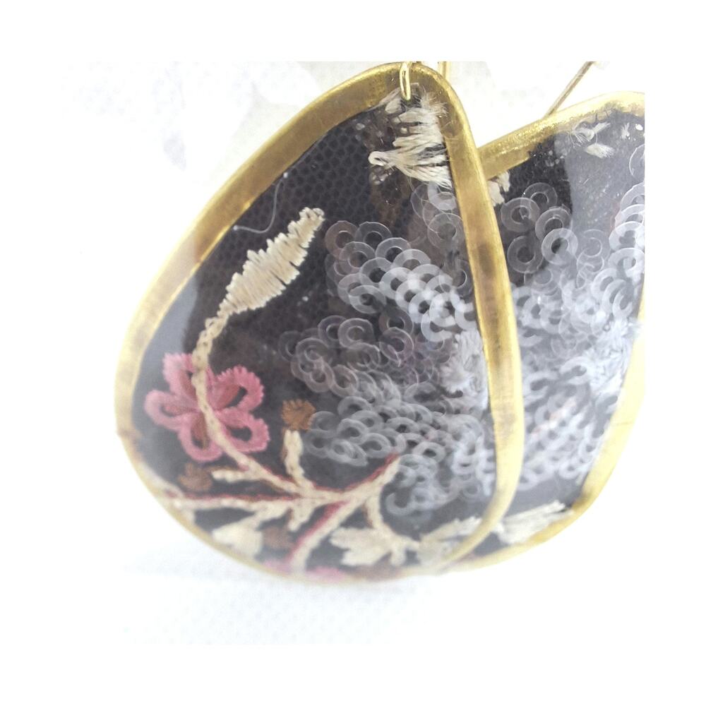 Embroidered Flower Teardrop Earring Gold Tone Fishhook Ear Wires